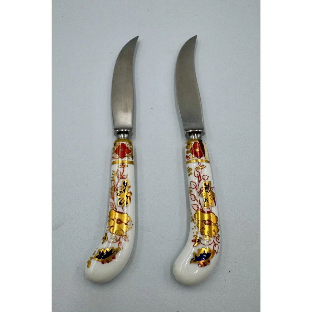 ROYAL CROWN DERBY Two Fruit Knives Asain Rose Pattern Vintage Sheffield, England